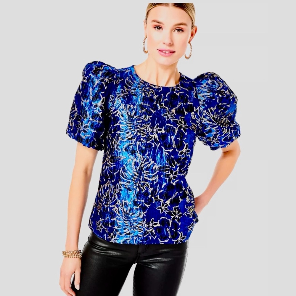 LILLY PULITZER Blue Grotto Top Twilight Floral Brocade with Gold Accents
